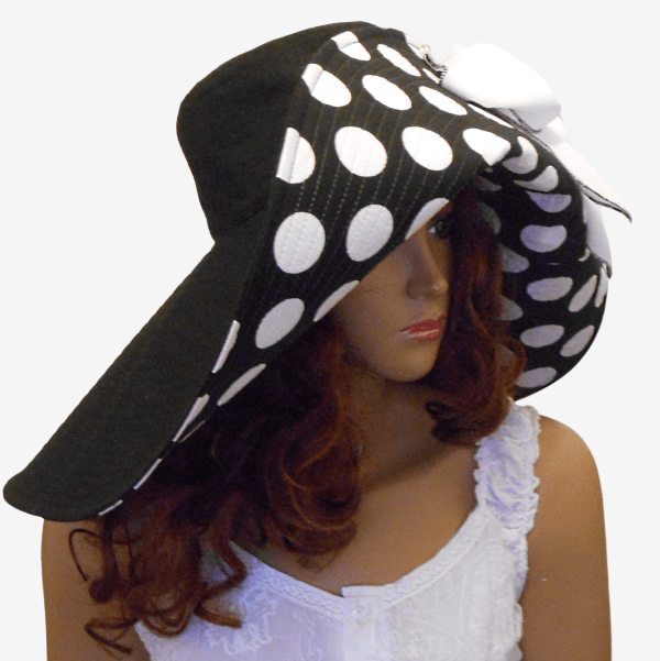 Black white wide brim polka dot hat
