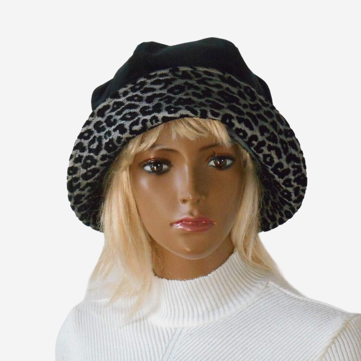 Black velour beret hat with leopard pattern brim