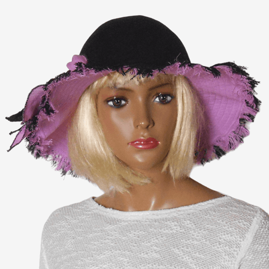 Women Linen Black Pink Fringe Hat