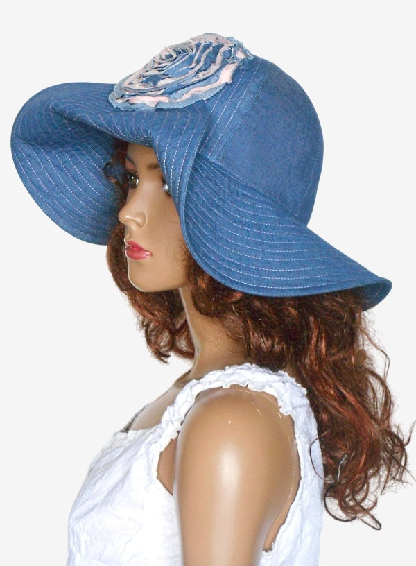 Women Summer Denim Hat Flower Accent