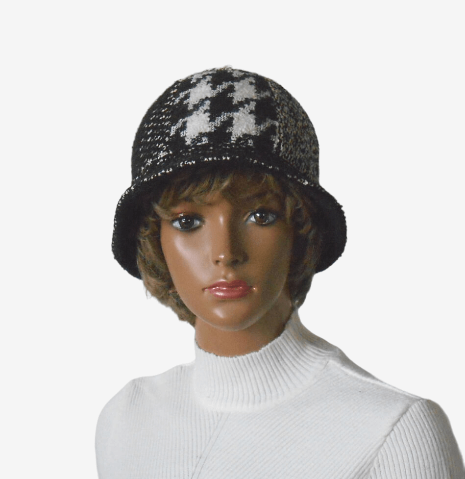 Front view of black and white checkered wool winter bucket hat for women