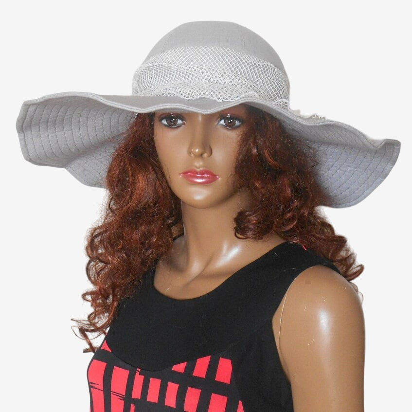 Grey Linen Beach Hat with Mesh Trim