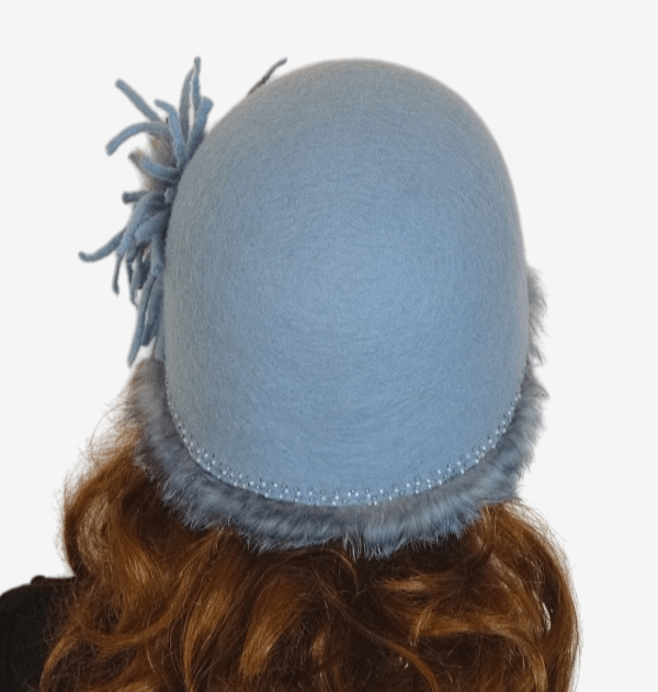Back view of light blue felted wool beanie hat