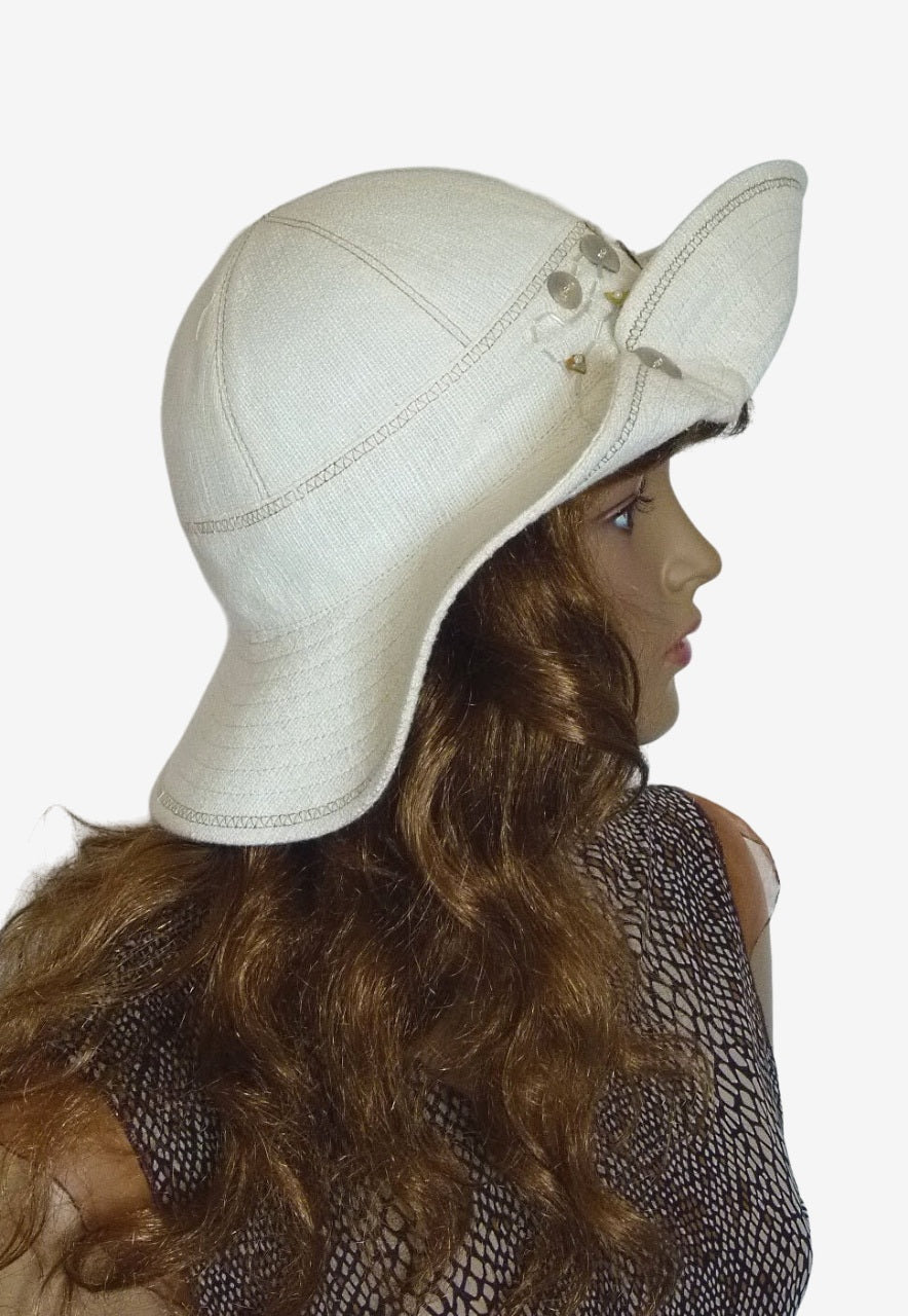 White Linen Hat Mother-of-Pearl Buttons and Beads Trim