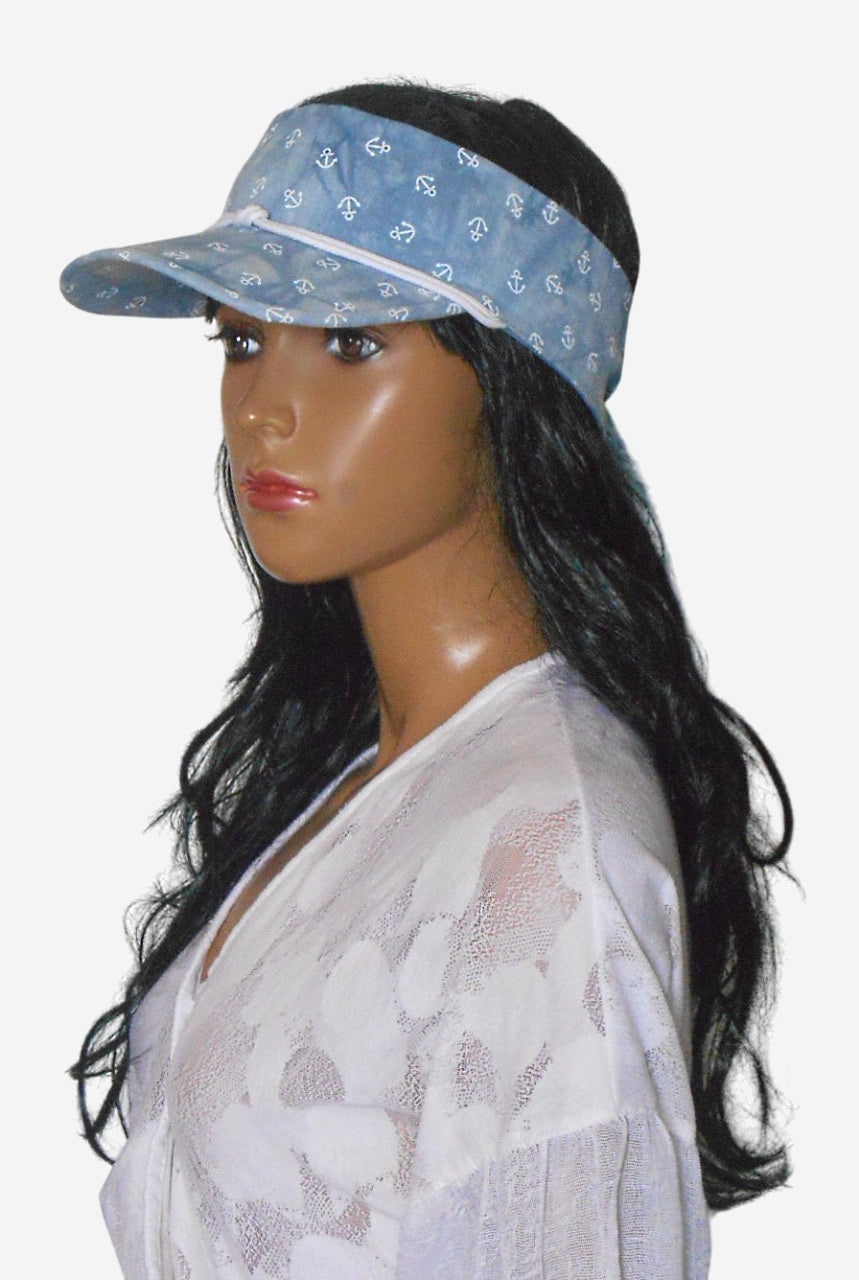 Three-quarter view of women’s light blue nautical sun visor, stylish summer beach accessory