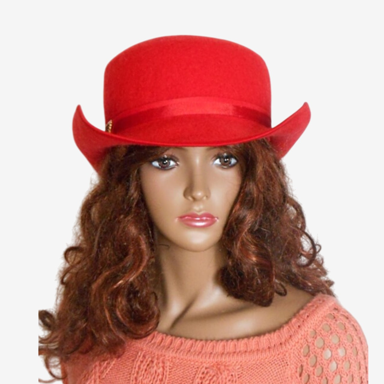 Handmade red felted bowler hat in merino wool, front view
