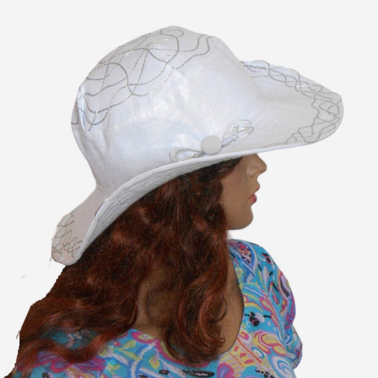 A silver color linen wide-brimmed hat with a decorative thin cord