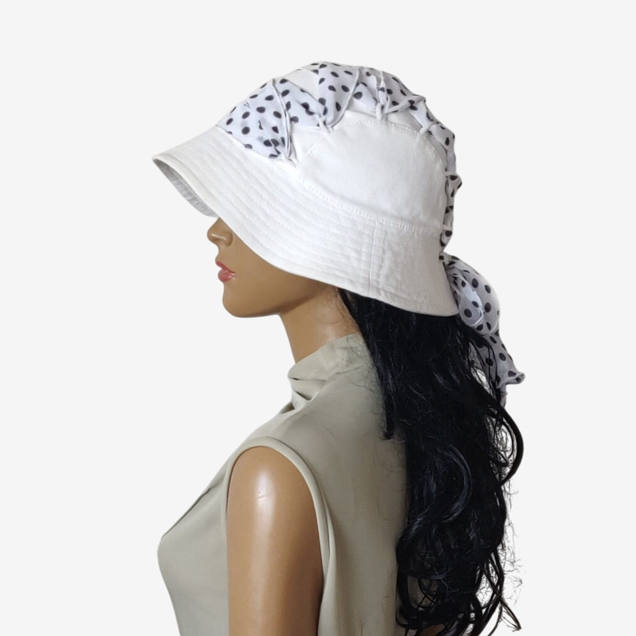 White Adjustable Summer Hat Black Polka Dot Bow Trim