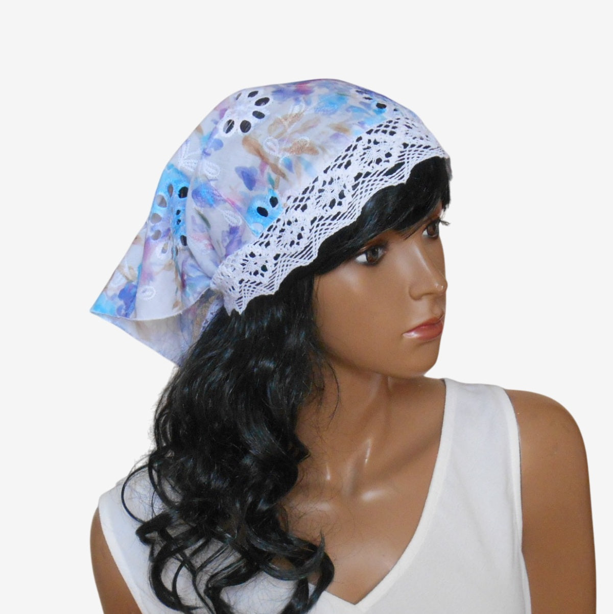 White blue triangular head scarf