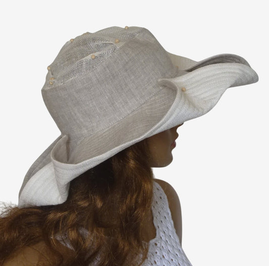 Side view of natural linen summer hat for women