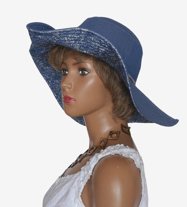 Three-quarter left view of women’s wide-brim denim hat