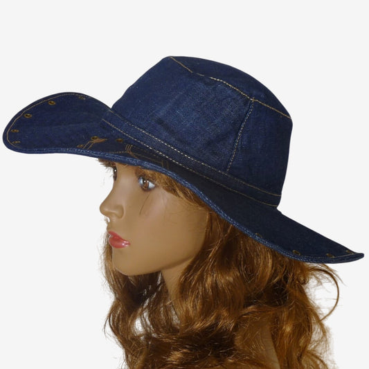 Side view of women’s handmade denim wide brim hat, perfect summer accessory