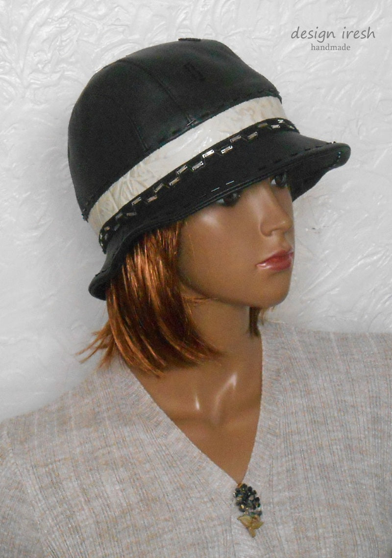 Women's black leather hat