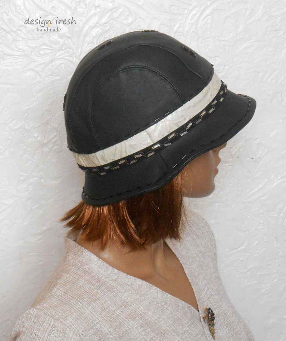 Women's black leather hat