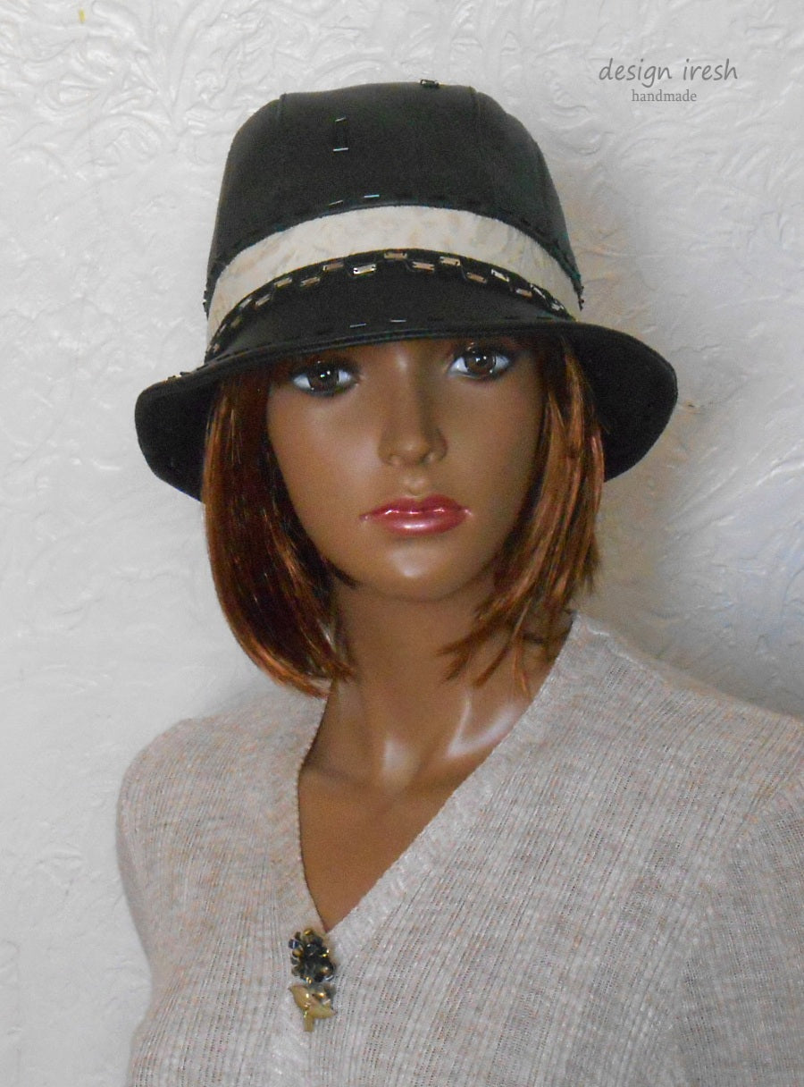 Women's black leather hat