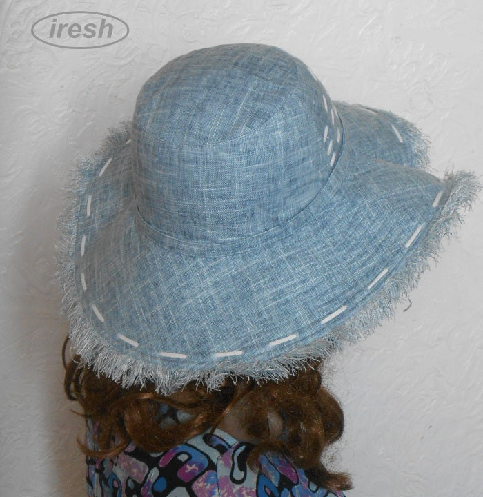 Blue wide-brimmed linen hat for women