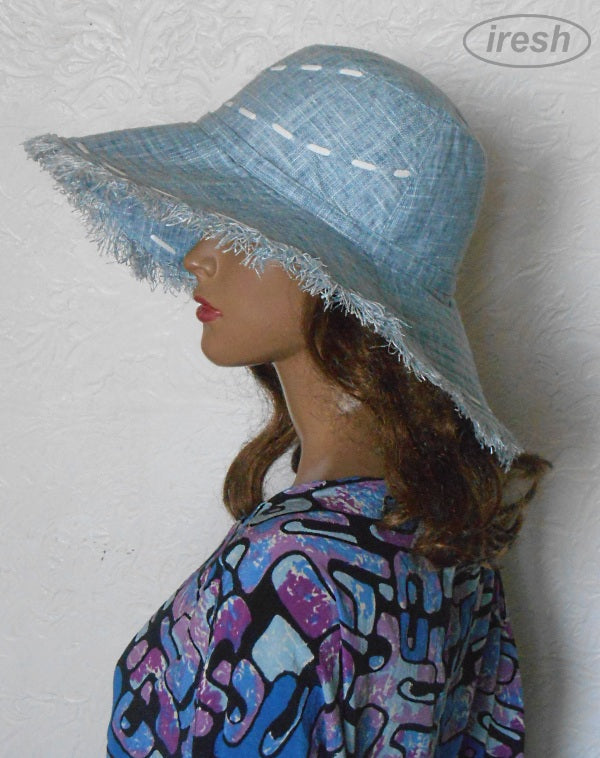 Blue wide-brimmed linen hat for women