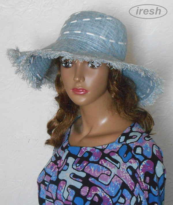 Blue wide-brimmed linen hat for women