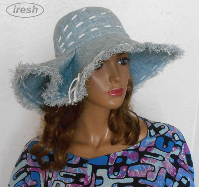 Blue wide-brimmed linen hat for women