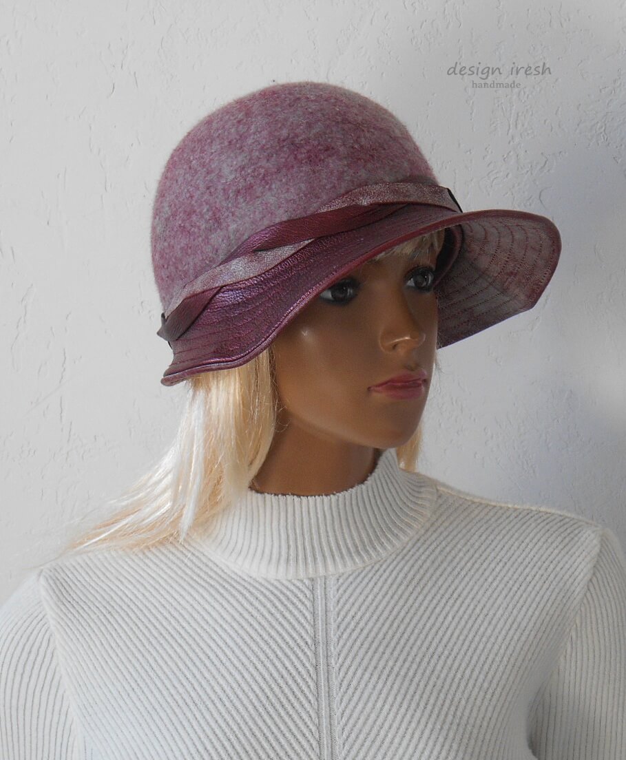 Women's wool and genuine leather hat