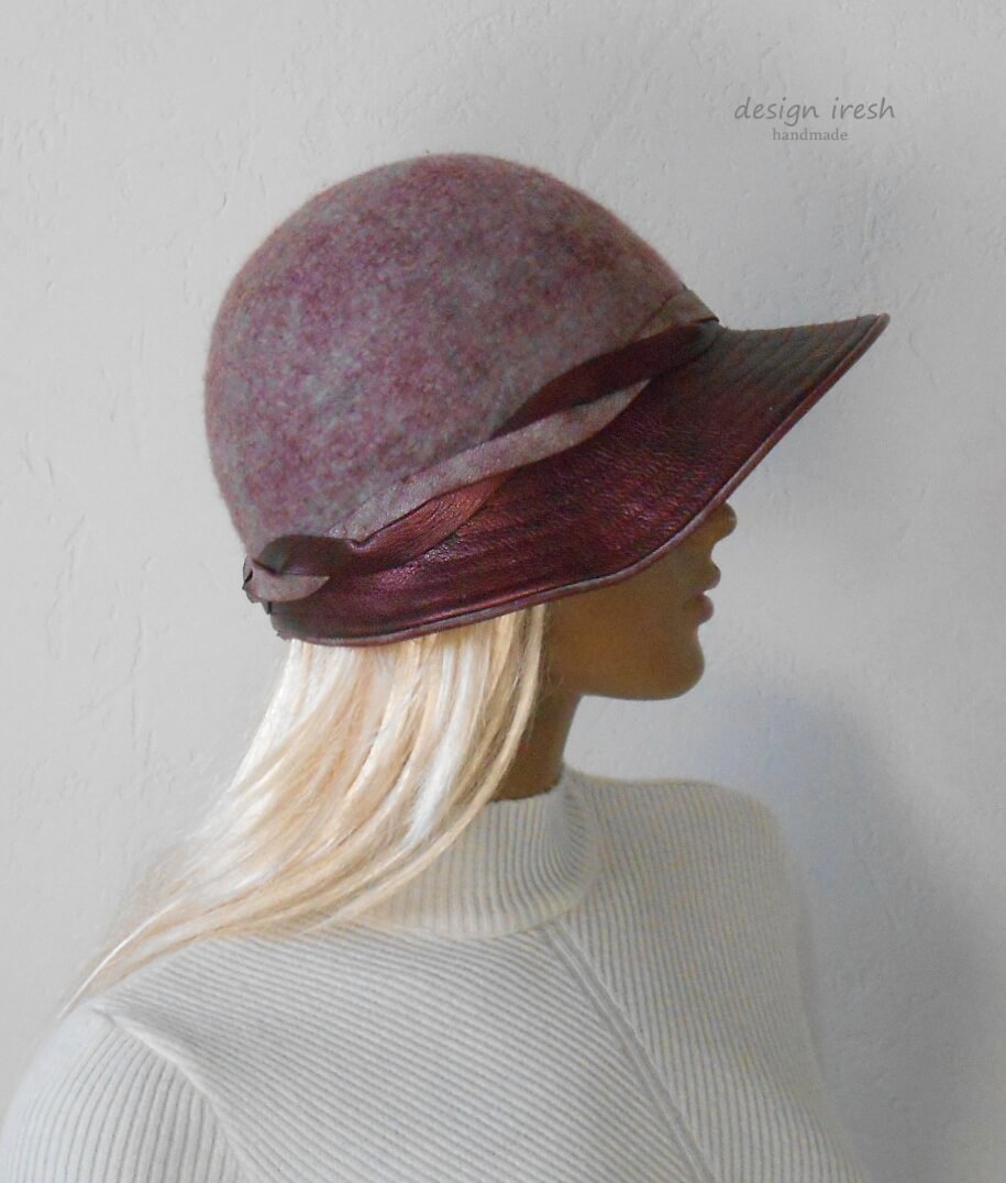 Women's wool and genuine leather hat