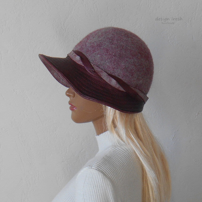 Women's wool and genuine leather hat