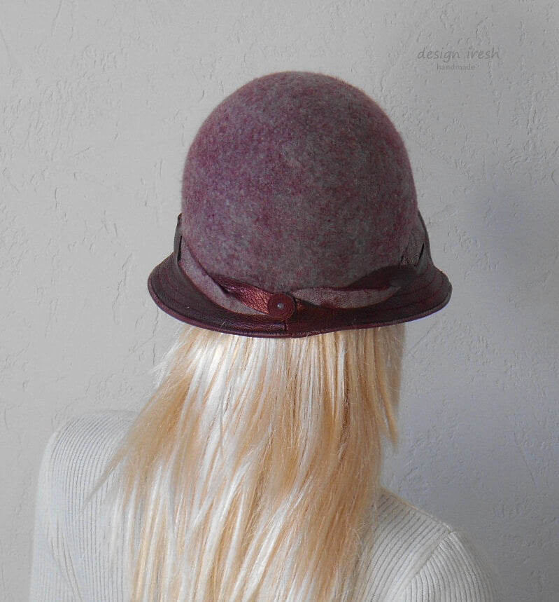 Women's wool and genuine leather hat