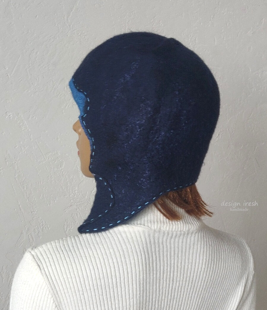 Dark blue felted trapper hat