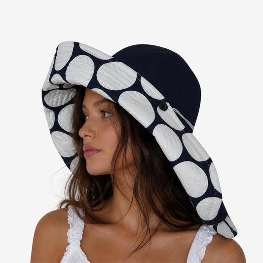 Dark Blue Wide-Brim Asymmetric Beach Hat with Polka Dots