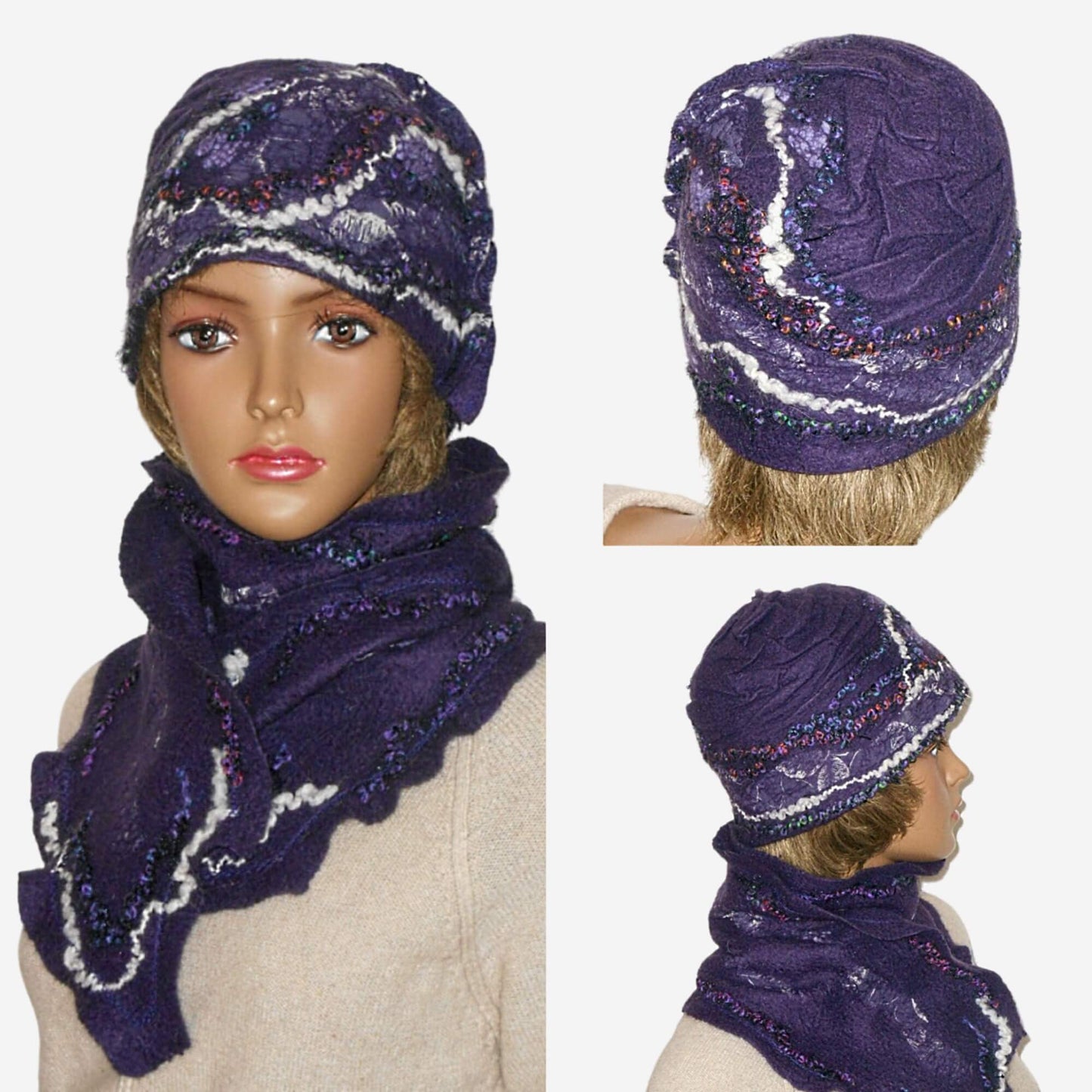 Purple wool set - felted hat and scarf