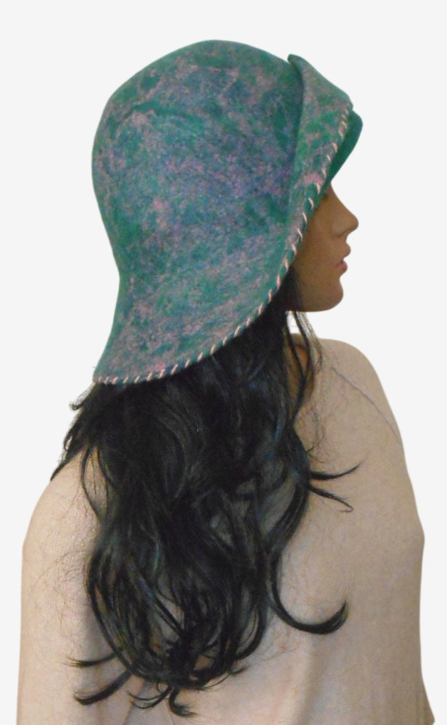 Soft green felted hat, side view