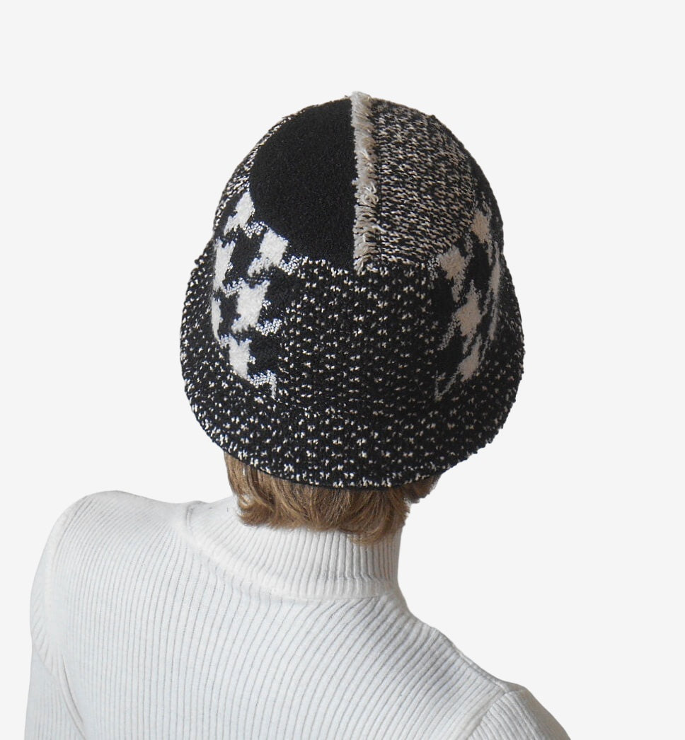 Back view of checkered wool bucket hat for women