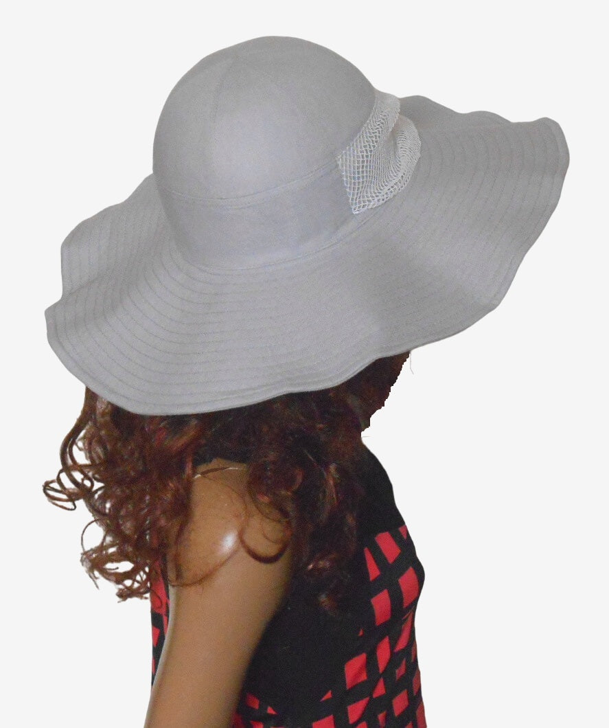 Women’s grey linen wide-brim hat, back view