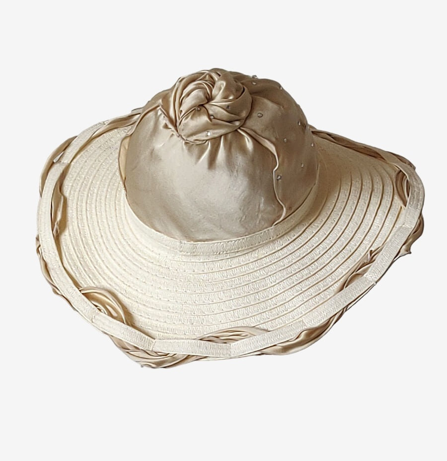 Top view of beige beach hat with silk crown 