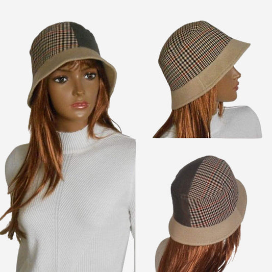 Beige and brown winter plaid bucket hat with small brim