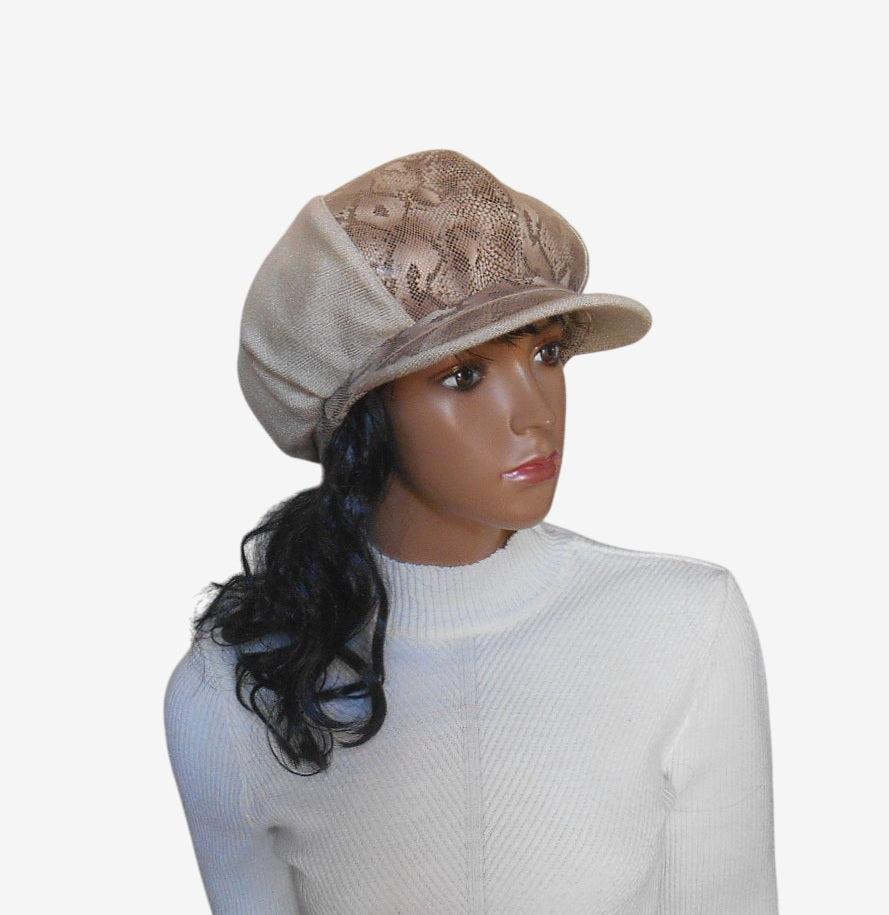 Beige oversized cap with front panels, pleats, and snakeskin leather 