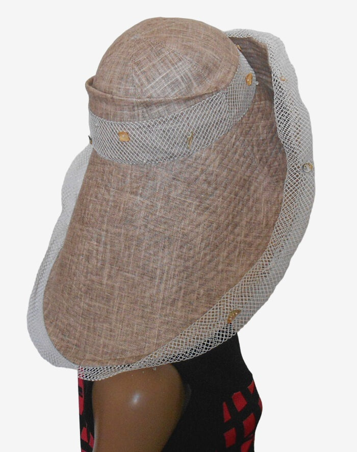 Back view of beige linen sun hat for women