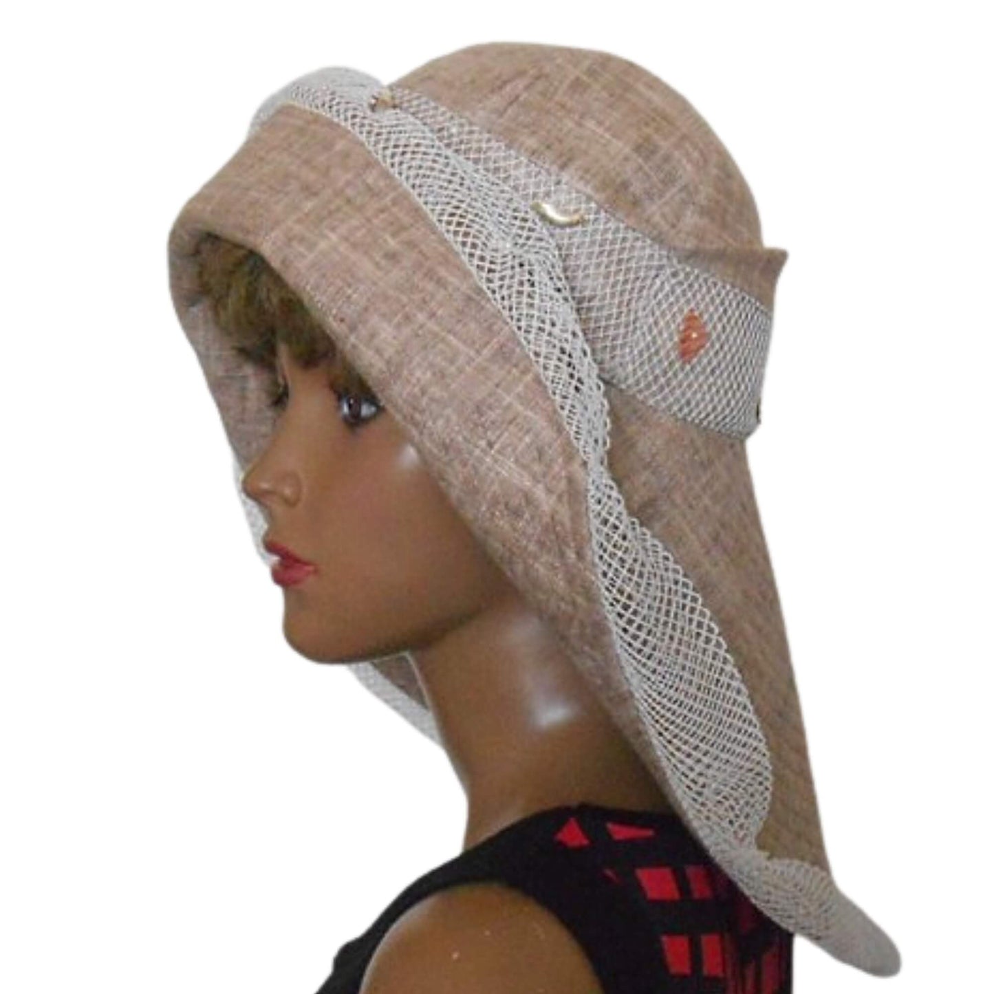 Side view of beige linen sun hat with wide asymmetrical brim and lace detail