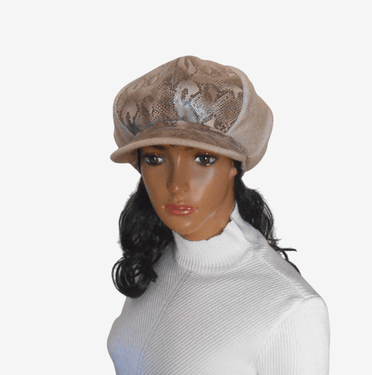 Beige newsboy cap with leather snake pattern, front view