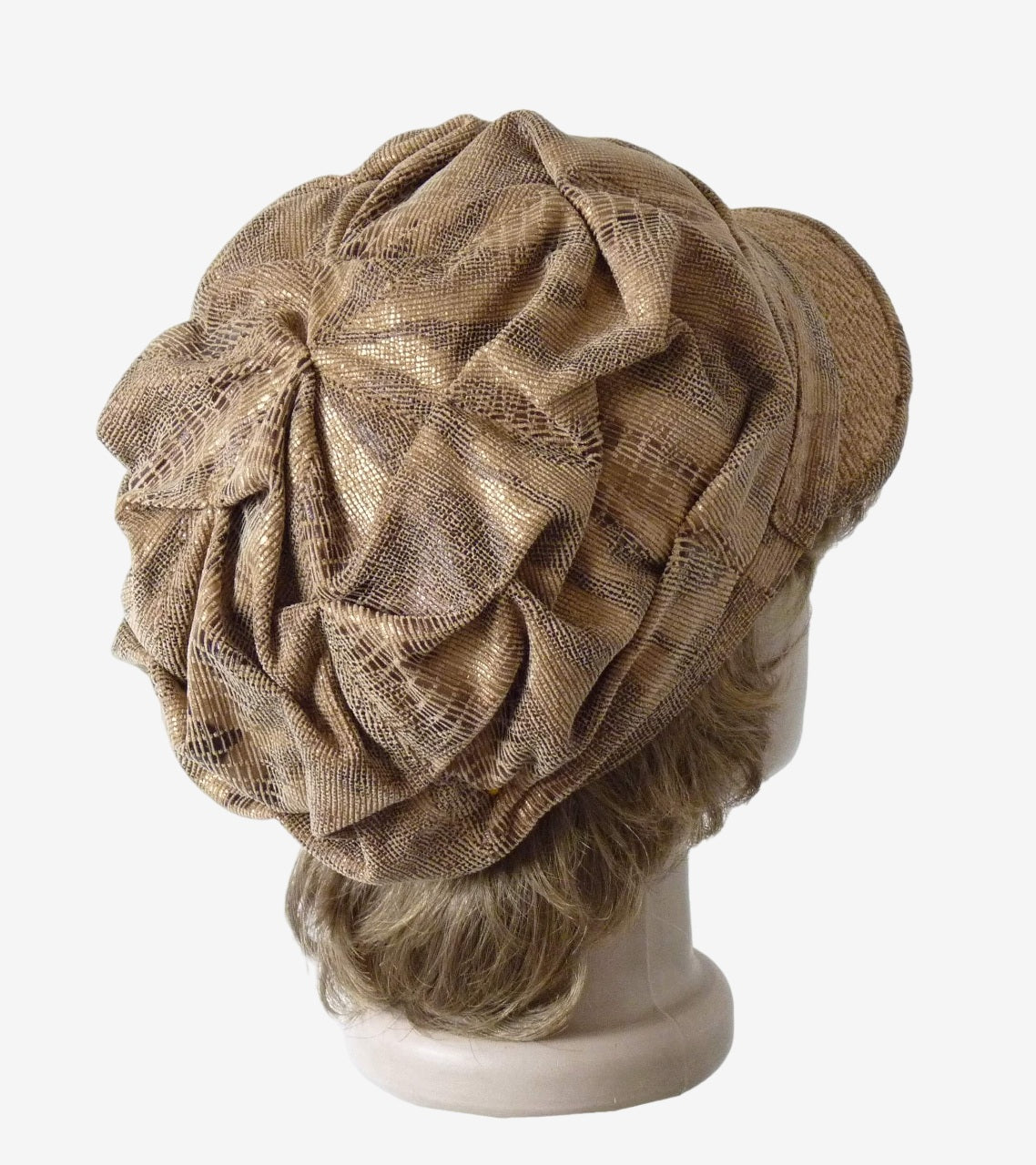 Beige newsboy cap with draped top – printed corduroy fabric, back view