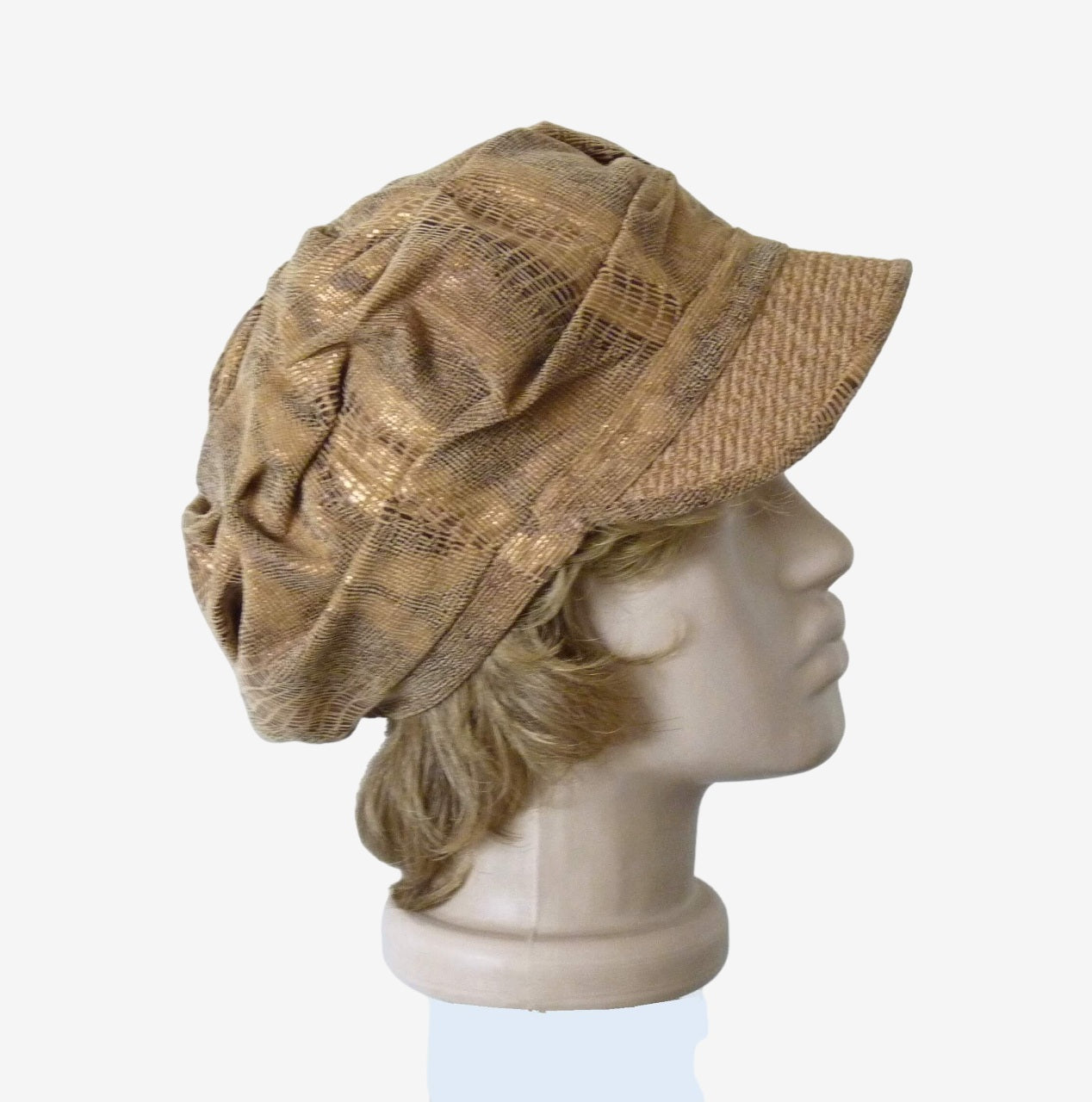 Beige newsboy cap with draped top – printed corduroy fabric, side view