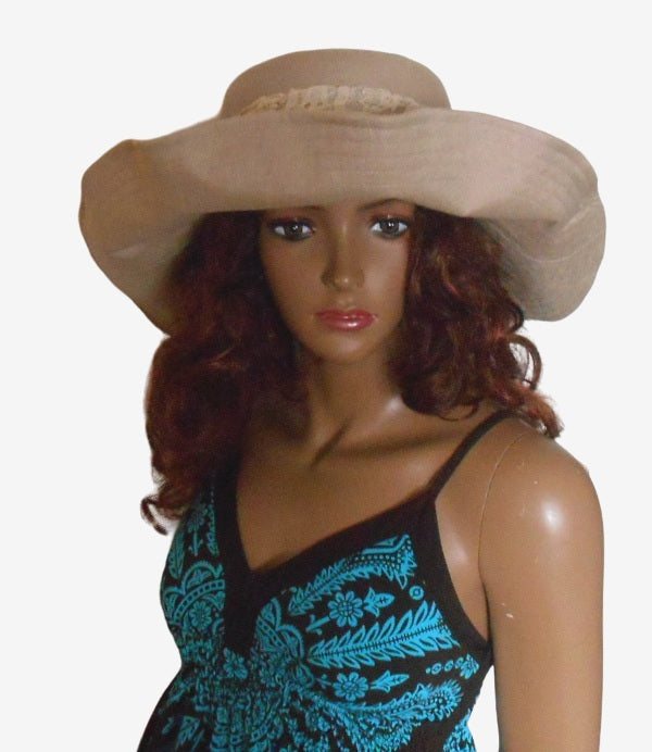 Beige wide-brim linen hat with delicate lace bow, front view, lightweight summer hat