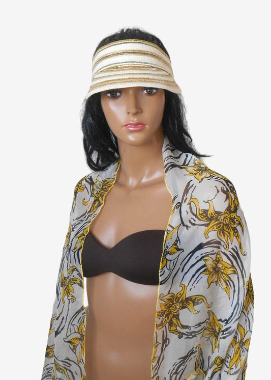 Front view of beige yellow beach visor and silk pareo scarf set