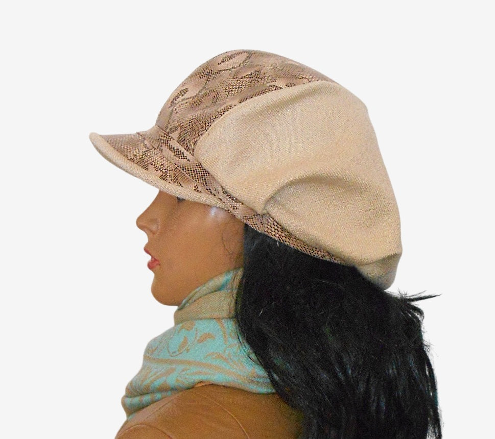 Beige leather cap predatory pattern