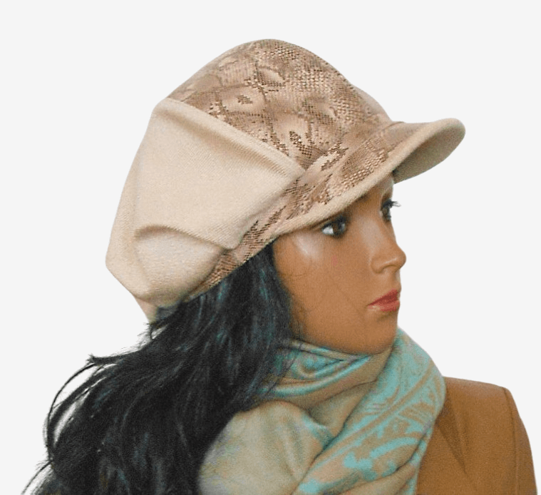 Beige leather cap predatory pattern