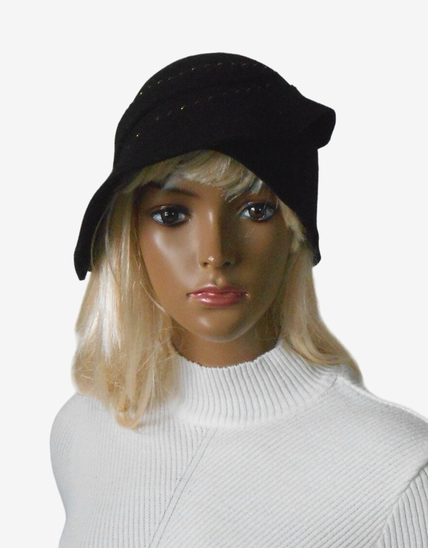 Front view of black felt hat with decorative ruffles and asymmetrical brim