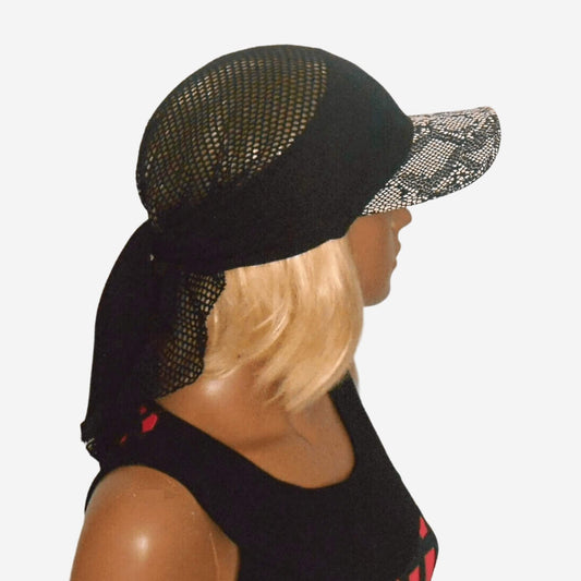 A black bandana visor with a mesh fabric attached to a cotton fabric, worn on a mannequin head