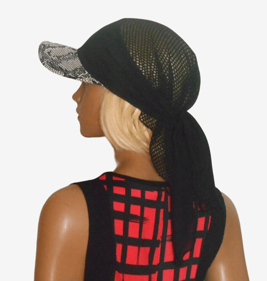 Side view of black mesh visor bandana with animal print detail