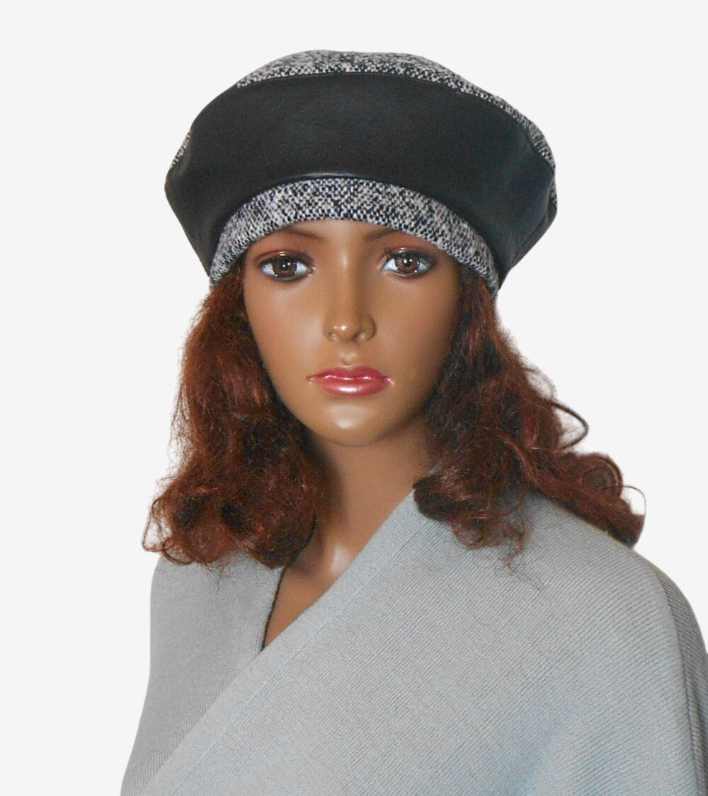 Handmade black tweed leather beret, front view – stylish winter hat