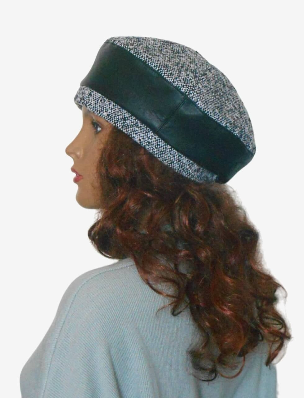 Black tweed leather beret, side view – warm and comfortable handmade hat
